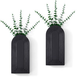 2 Pcs Wooden Wall Vase Art Decor Set with 10pcs Artificial Eucalyptus Plants - Modern Contemporary Style Black Rustic&Farmhouse Home Decoration for Entryway Hallway Bathroom Living Room Dining Room