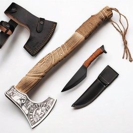 Viking Axe with Gift Viking Knife Also Leather Sheaths, Carbon Steel, Carved Wooden Handle, Bearded Heaven Hatchet for Camping, Throwing, Survival, Splitting, Felling, Chopping, Hiking (Axe - 02)