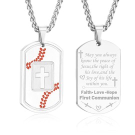 Fervia Baseball Bible Verse Cross Necklace for Men Stainless Steel Sliver Religious Gift Baseball Sports Jewelry for Men with Stainless Steel Chain 22+2 inch(First Communion)