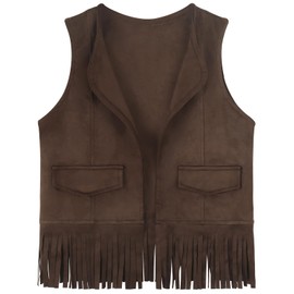 Spring&Gege Kids Suede Fringe Vest 70s Cowboy Cowgirl Western Faux Tassels Jacket Cardigan, Coffee, Size 7-8 Years