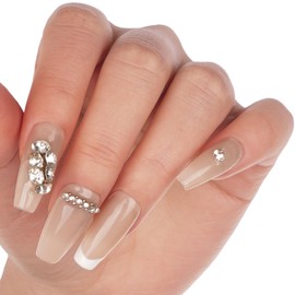 Coffin Shaped Luxury Press on Nails | Ballerina Artificial False Nails, Glossy Nude Fake Nails with 3D Diamonds, Salon Quality Reusable Nails Kit (White Valentine - Size M)