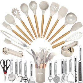 Juego de utensilios de cocina - 35 piezas de utensilios de cocina con rallador, pinzas, espátula de cuchara y girador hechos de silicona resistente al