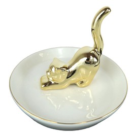 Ebros Gold Plated Abstract Modernist Crouching Feline Kitten Cat Ceramic Stoneware Bone China Ring And Jewelry Holder Dish 4.5"Tall Feline Curiosity Cats Vanity Boudoir Accessory Storage Figurine (1)