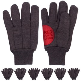 Red Fleece Lined Brown Jersey Gloves 10", Winter Work Gloves 12 Pack with Elastic Wrist Gunn Cut Pattern, Plain Breathable Glove 16 OZ, Protective Industrial Gloves, Comfortable Reusable Washable