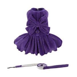 Dog Striped Dress,Pet Girl Bow Costume with Ring and Harness Leash,Dog Wedding Birthday Party Dress(Purple,Large)