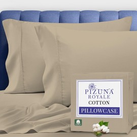 Pizuna Pure 100% Luxury Cotton Queen Size Pillow Case Simply Taupe, 1000 Thread Count 100% Long Staple Cotton Sateen Pillowcase, Pillow Covers with Stylish 4" Hem (Combed Cotton Pillowcase)