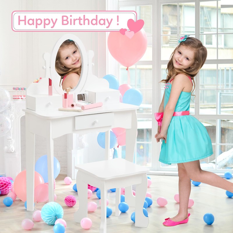 GarveeHome Girls' Vanity Set with Mirror, Makeup Table and Stool