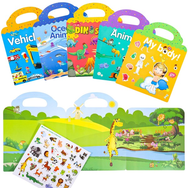 5 Packs Reusable Sticker Books, 3D Puffy Sticker Book for Age 2-6 Year Old Boys Girls, Scene Storybook Toddlers Sticker Books Educational Learning Toy Gifts