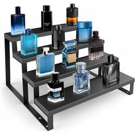 Cologne Organizer for Men,12 Inch 4 Tier Cologne Stand  Perfume Organizer for Dresser with Anti-Slip Washers,Wooden Display Risers Stand for Party,Makeup,Figures,Cupcake,Perfume,Dessert - Color: 3Tier,1Pack,Black