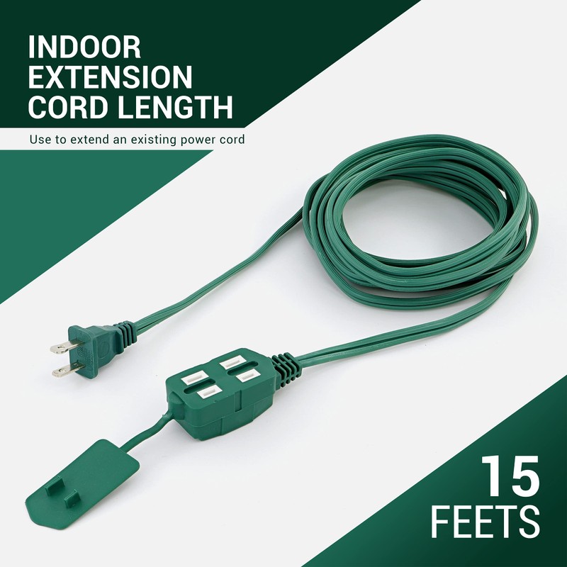 15 Feet Green Extension Cord for Christmas Tree, 3 Outlet,