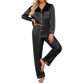 Ekouaer Silk Satin Pajamas Women's Long Sleeve Pj Set Soft Button Down 2 Piece Sleepwear Loungewear (Black,L)
