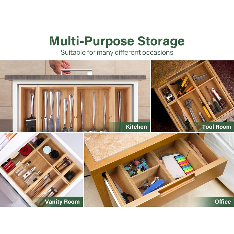 Kootek 6 Pcs Bamboo Drawer Organizer, Kitchen Utensils Storage Boxes
