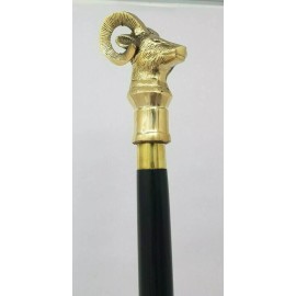 Antique 37"Antique Brass Goat Head Handle Vintage Black 3 Fold Wooden Walking Stick Cane