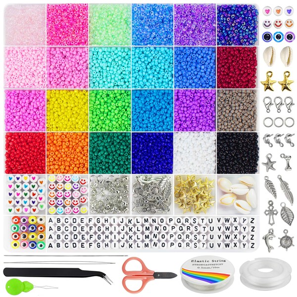 Redtwo 8000 pcs 3mm Glass Seed Beads for Bracelet Making Kit, Small Beads Friendship Jewelry Making Kit, Tiny Waist Beads Kit with Letter Beads and Elastic String, DIY Art Craft Girls Gifts