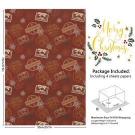 Vintage Christmas Wrapping Paper,4 Folded Sheets Red Brown Gift Wrapping Paper Merry Chrsitmas Stamp Snowflake Bells Christmas Tree Kraft Gift Wrap Paper for Xmas New Year Decoration,28*20 Inch