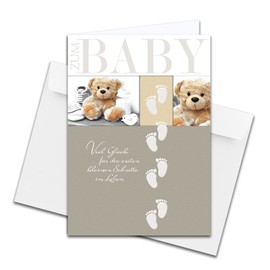 NEUSER PAPIER 1 Piece – XXL Greeting Card Baby for Birth DIN A4 – Large Baby Card – Set with Large Envelope DIN C4 – Teddy Bear with Footprints – Unisex, for Boys and Girls