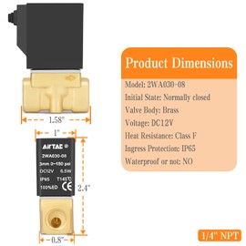 Brass Electric Solenoid Valve AirTAC 1/4" NPT DC12V Normally Closed Water, Air, Diesel(Orifice:3mm)