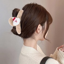 fdsmall Christmas Plush Hair Clips for Women Cute White Khaki Santa Claus Exquisite Claw Clips Large Hair Jaw Clamp Xmas Accessories Headdress Hairpin for Thick Hair (01, One Size)