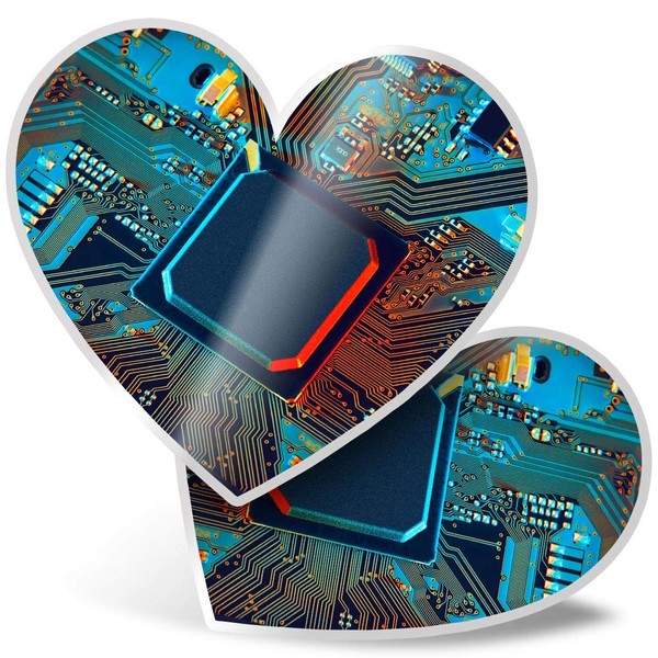 2 x Heart Stickers 7.5 cm - Electronic Circuit Board