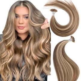 Eliysako Professional U Tip Hair Extensions Real Human Hair #P4/16 Light Blonde Mix Dark Brown 18inch 40G Heat Resistant Remy Extensions with U Tip Human Hair Extensions for Daily Styling