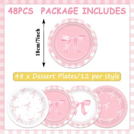Justforjoyful 48pcs Pink Bow Party Supplies Bow Birthday Party Plates 7 Pink Bow Party Decor for Girl Bachelorette Bridal Engagement Baby Shower Coquette Cute Tableware Dinnerware Party Favor for 48 Guests