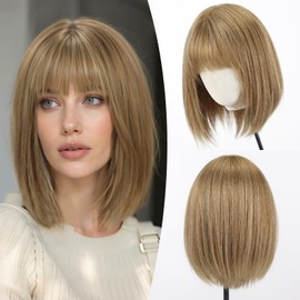 EMMOR 12 Inch Human Hair Wig for Women - Shoulder Length Layered Bob with Bangs & Breathable Cap, Natural Looking Daily Wear Wig(Blonde Brown)