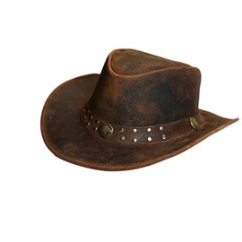 Equine Care Genuine Leather Cowboy Hat (X Large), Premium Cowhide Western Outback Hat, Distressed Brown, Buffalo Concho, Shapeable Brim, Sun Protection – Ideal for Ranch, Rodeo, Outdoor Festivals.