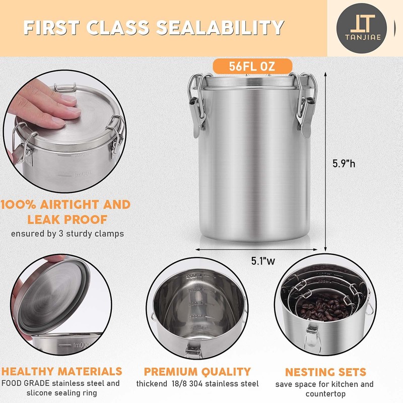 Tanjiae Stainless Steel Coffee Canister | 100% Airtight Metal Food