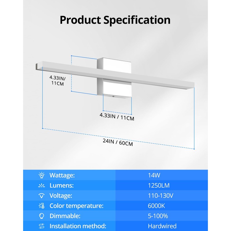 Combuh LED Bathroom Vanity Light Bar Dimmable IP44 Over Mirror