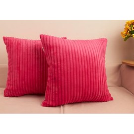 TangDepot, Set of 2 Soft Plush Velvet Big Striped Corduroy Solid Decorative Throw Pillow Covers, Square Pillow Covers - (14"x14" 2 Pieces, A76 Deep Hot Pink)