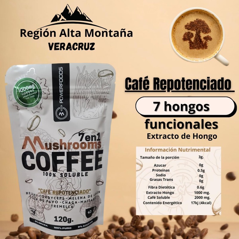 Café soluble con 7 hongos adaptógenos Reishi, Melena de León,