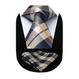 HISDERN Extra Long Check Plaid Tie Handkerchief Men's Necktie & Pocket Square Set For Formal Business
