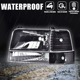 CNNELL Headlights Assembly Compatible with 1992-1996 Ford F150/Bronco, 1992-1997 F250/F350/FSuper Duty w/Corner Signal Bumper Lamps(Clear lens Black Housing Clear Reflector)
