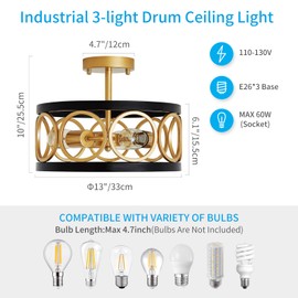 XINGQI 13" Modern Semi Flush Mount Ceiling Light Fixture, Black and Gold Drum Chandelier with Metal Shade Farmhouse Round Ceiling Lamp for Living Dining Room Bedroom