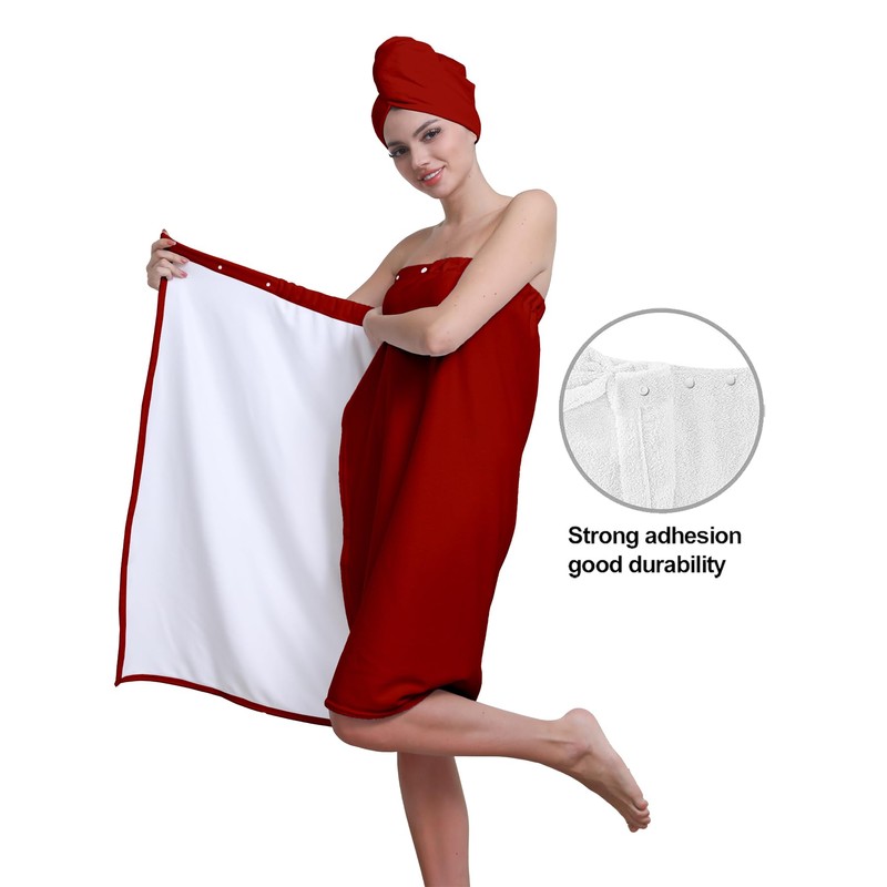 Women's Bath Towel Wrap Set with Hair Turban, Red, Microfiber,