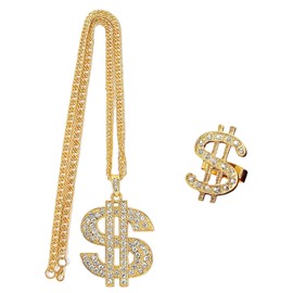 JTMKYO 1 Piece Dollar Necklace, 1 Piece Ring, Dollar Sign Necklace and Ring Set, Hip Hop Gold Chain, Clown Pendant, Cash Symbol Charm, Gold Chain, Rapper Jewelry Accessories.