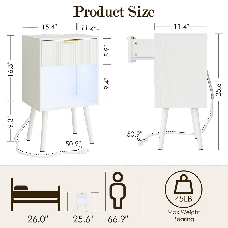 ASACESCU White Fluted Nightstand with Charging Station, Modern Bedside Table