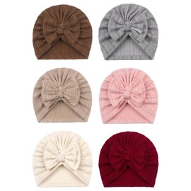 DHSBGWSX Pack of 6 Baby Hats, Cute Wheat Nutrition Jumper Hat, Baby Turban Hat, Bow Baby Hat, Elastic Soft Baby Hat (6 Colours), Beige, grey, light brown, brown, pink, red