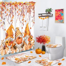 ArtSocket Fall Bathroom Set with Shower Curtain and Rug and Accessories, Watercolor Autumn Pumpkins Gnomes Eucalyptus Leaves Thanksgiving Orange Shower Curtain Set for Bathroom Decor 4 Pcs