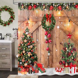 PAOPOED Farmhouse Christmas Shower Curtain for Bathroom, Wood Barn Door Winter Rustic Xmas Tree Snow Shower Curtain Set, Waterproof Polyester Christmas Bathroom Curtain Decor with Hooks 72x72 Inch