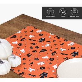 PurpleEssences - Juego de 4 manteles individuales para mesa de comedor espeluznantes de 13 x 19 pulgadas, diseño de árbol fantasma de bruja, color negro, naranja y negro, mantel individual de algodón,