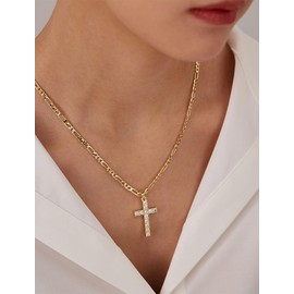 Kyhvoux Cross Necklace for Women, Cubic Zirconia 14K Gold Plated Copper Cross Pendant, Valentine's Mother's Day Gifts for Her with Jewelry Box 22" Figaro Chain, Alloy Brass CZ Diamond Bridal Wedding