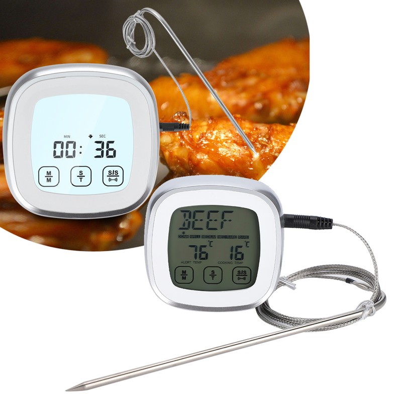 Wireless Food Thermometer Electronic Digital Touch Screen W/Timer Alarm for