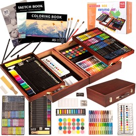 KINSPORY 168-Pack Art Supplies, Deluxe Wooden Art Set Crafts Drawing Painting Coloring Kit, 3 Pack Coloring Pads， Creative Gift Box for Artist Beginners Kids Girls Boys