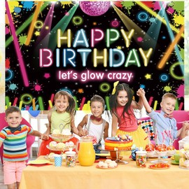 Neon Happy Birthday Backdrop Let Glow Party Photography Background Splatter Graffiti Painting Decorations Banner Adult Bday Birthday Party Photo Supplies (8x6FT)