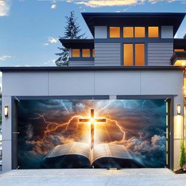 Christian Cross Garage Door Banner 8 x 7 ft, Jesus Christ Cross Resurrection Bible Religious Garage Door Decoration Banner, Easter Church Event Garage Ddoor Background