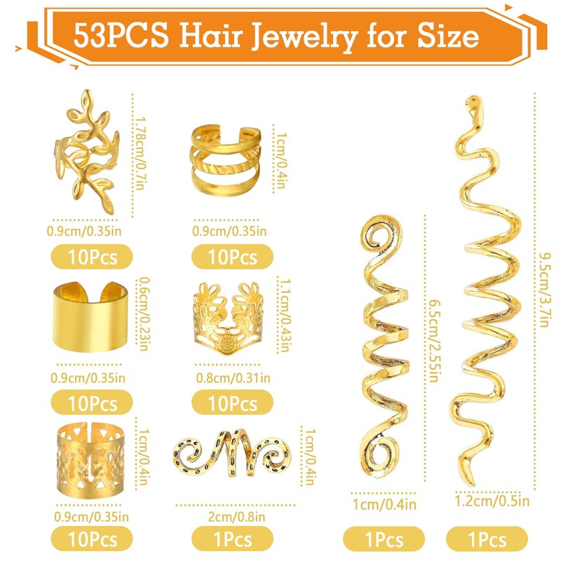 WD&CD 53 Stück Gold-Haarschmuck, Dreadlocks Schmuck, Metall-Gold-Zöpfe Dreadlock-Zubehör Haarspiralen Clips