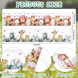 2 Rolls 20 Yards Pink Safari Animal Wired Edge Ribbon 2.5 Inch Floral Jungle Woodland Animal Ribbon for Baby Shower Birthday Party Decor