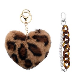 Leopard Heart Accessories Y2k Pearl Keychain for Handbag Purse Vintage Leopard Print Keychains for Girls Women Fuzzy Heart Keychain for Keys Purse Charms for Handbags Wallet Bead Chain Keychain 2 Pcs