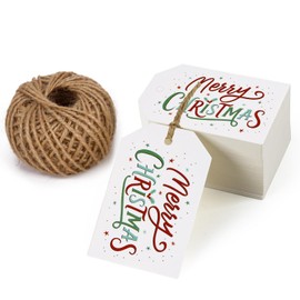 WRAPAHOLIC Christmas Gift Tags with String - 100PCS Merry Christmas Text Design Paper Tags with 100 Feet Natural Jute Twine for Christmas Party Decoration - 3.5 x 2.3 Inch
